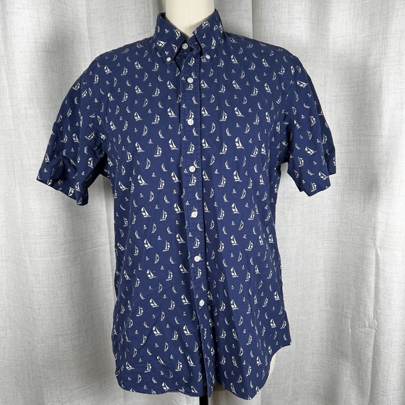 Polo Ralph Lauren Button Up Nautical Sailboats All Over Print Mens Large Blue - Picture 1 of 13